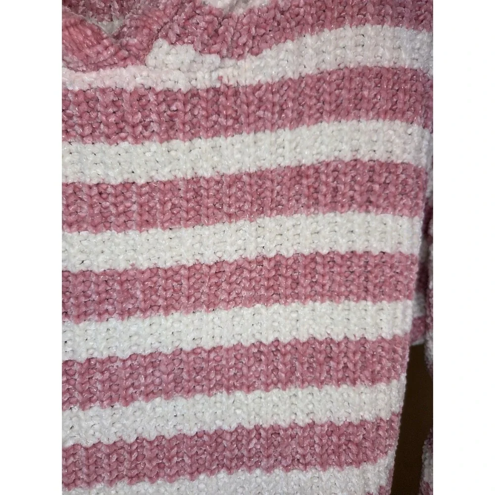 Justice Girls Pink White Striped Chenille Knit Hoodie Sweater Juniors 18/20